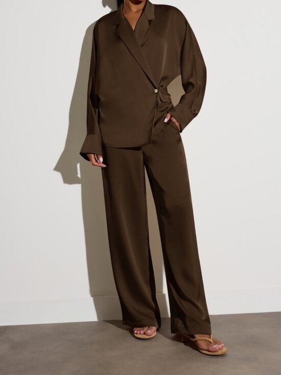 Pants - Chocolate Brown Elegant Women's High Waist Wide Leg Palazzo Trousers Fluid